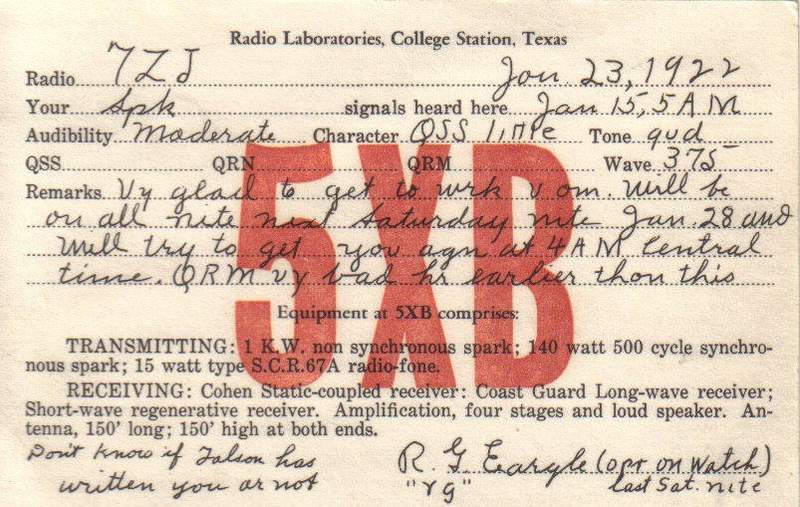 Front of 5XB QSL Card from 1922