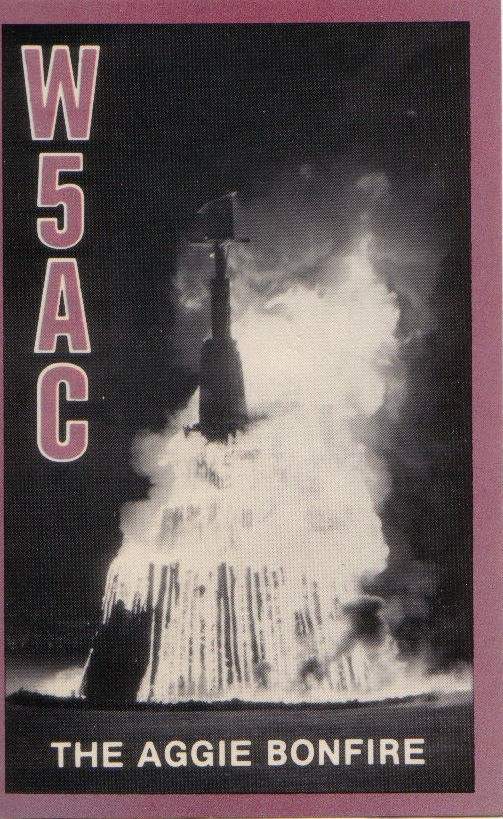 Front of W5AC Aggie Bonfire QSL Card