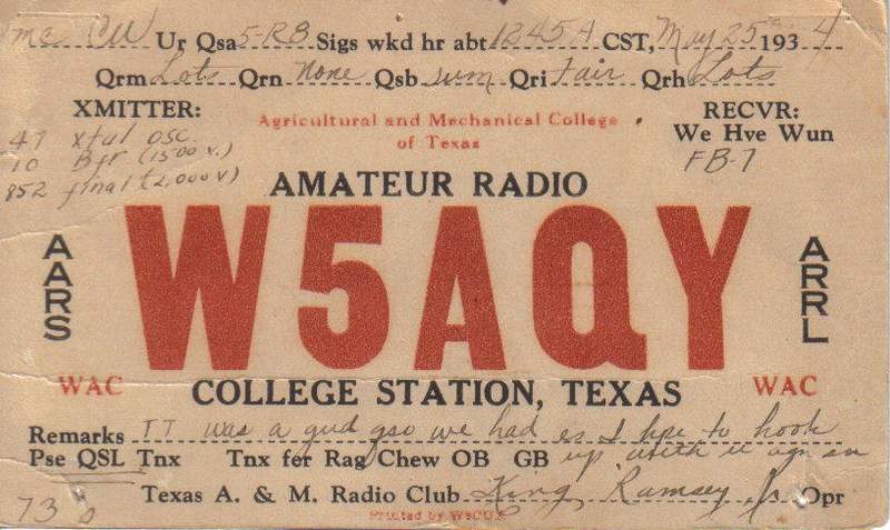 Front of W5AQY QSL Card from 1934