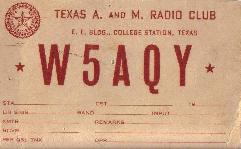 Front of W5AQY QSL Card from Electrical Engineering Building