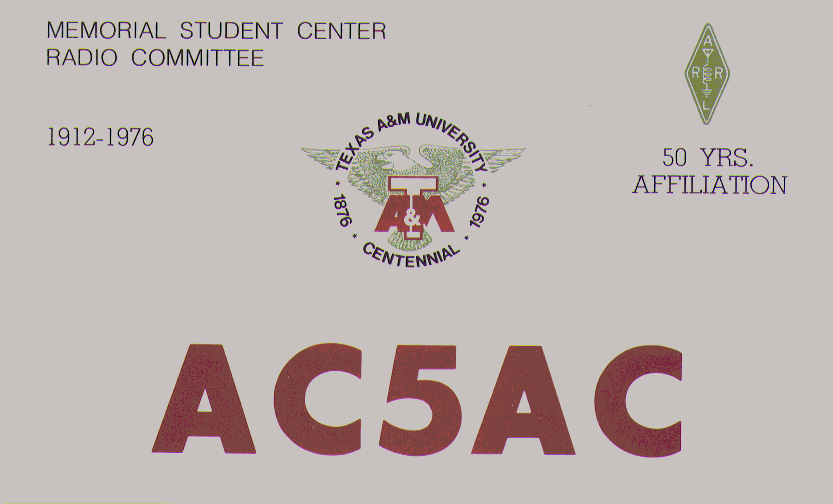 Front of AC5AC QSL Card from 1976 University Centennial
